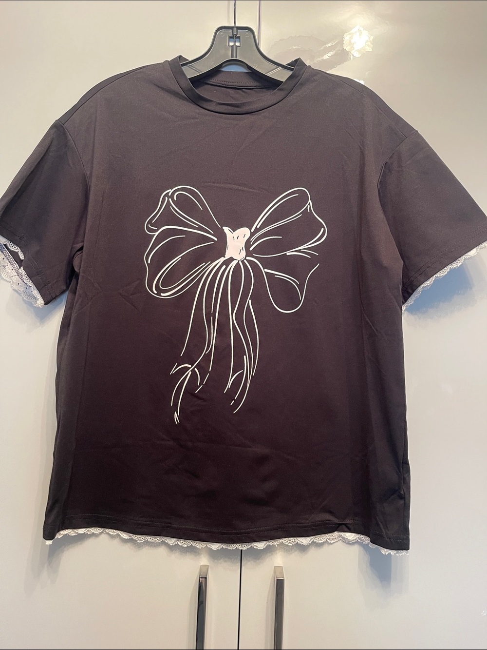 Black Kids Bow Graphic Tee with Lace Trim - Cute Bow Print